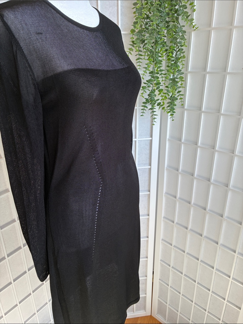 Eye-Catching Black Long Sleeve Fitted Knit Dress w/ Sheer DeCellete Neckline, M